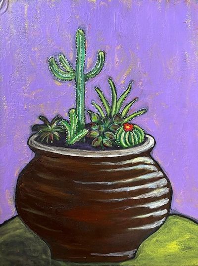 Painting of various cacti in a brown pot against a purple background.