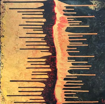 Painted during covid, this pour is gold, black and red and depicts our isolation.