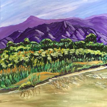 Purple Sandias and lush riverside foliage are the subject of this painting done by the Rio Grande.