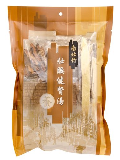 Packaged traditional Chinese medicinal herbs in a brown resealable bag.