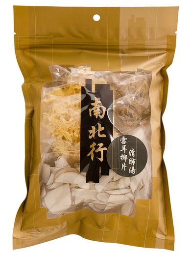 Package of dried mushrooms with Chinese text on a brown background.