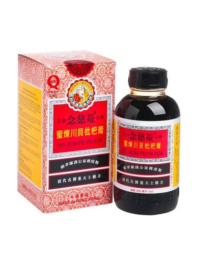 Bottle and box of Nin Jiom Pei Pa Koa herbal syrup.
