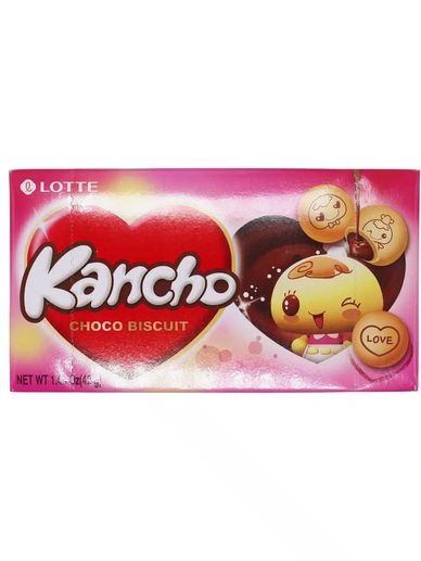 Kancho choco biscuit box with heart design and cute character.