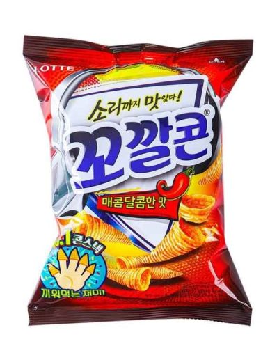 Korean spicy and sweet flavored snack chips in a red bag.