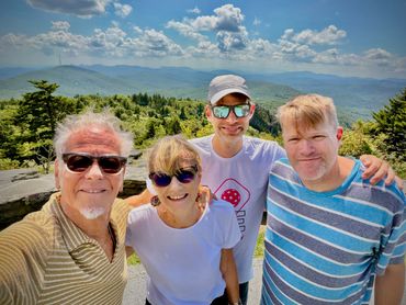 Celebrating Peg's 80th on Grandfather Mountain, NC with sons Jason & Aaron