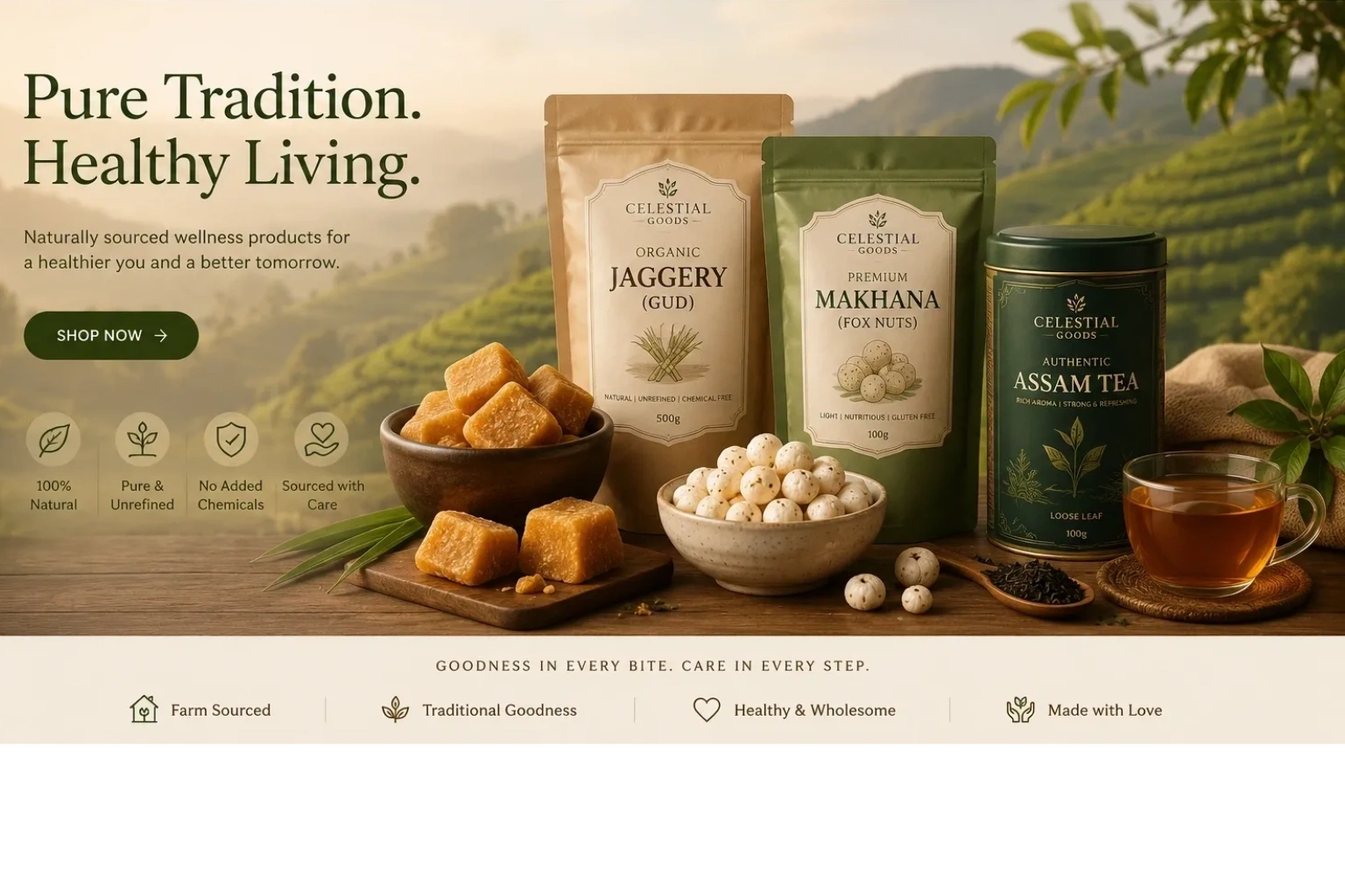 Celestial Goods offers natural wellness products like jaggery, makhana, and Assam tea for healthy living.