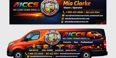 Mia Clarke Courier Service van and banner showcasing contact and services.