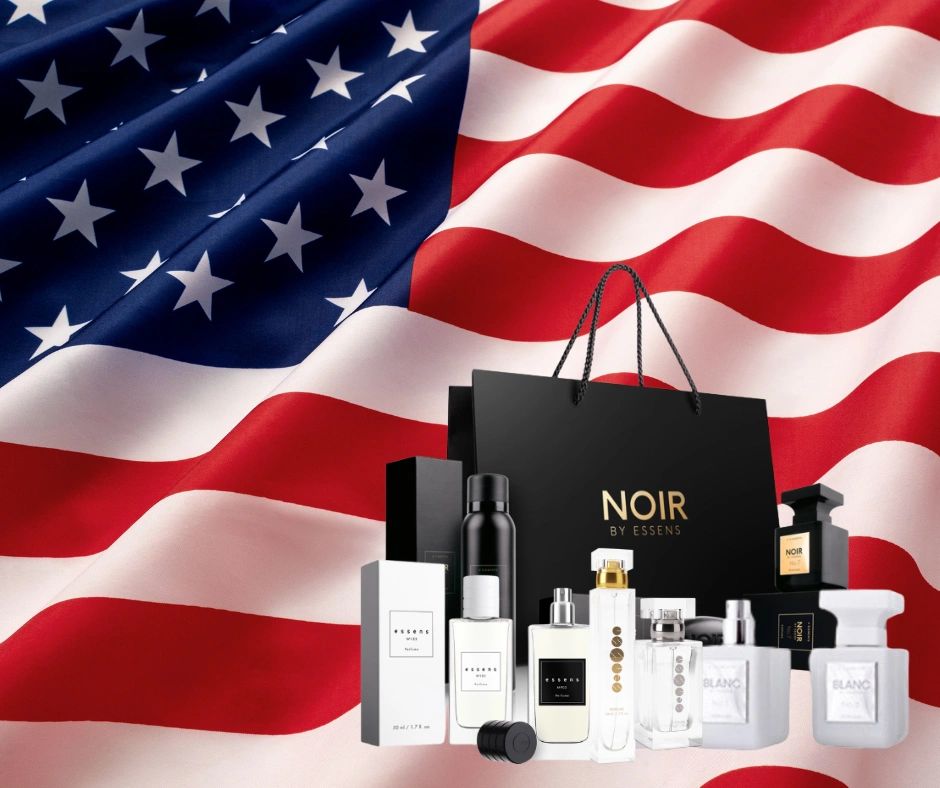 A selection of Essens perfumes, including bottles from their Noir and Blanc lines, is displayed in f