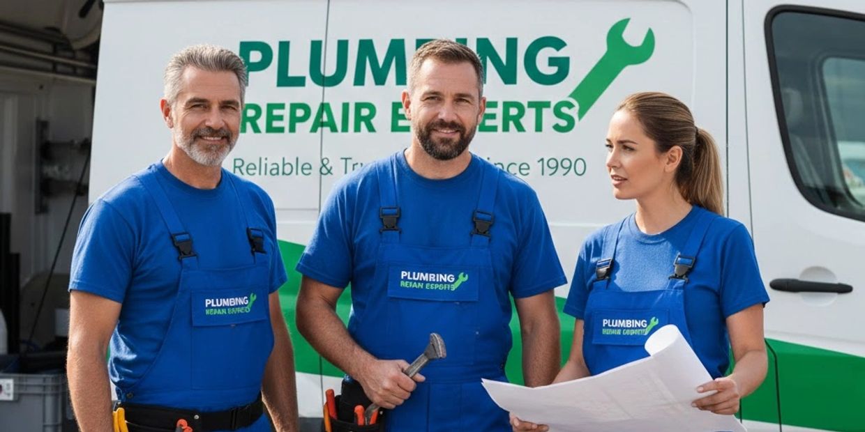 Three plumbers in blue uniforms standing by a plumbing service van with tools and blueprints.