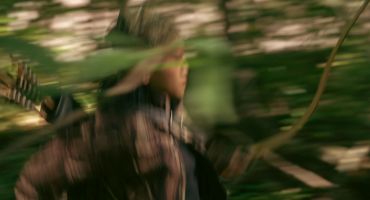 A blurred figure moves swiftly through dense forest foliage.