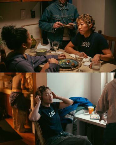 Two candid moments of people interacting at a dining table and casually in a room.