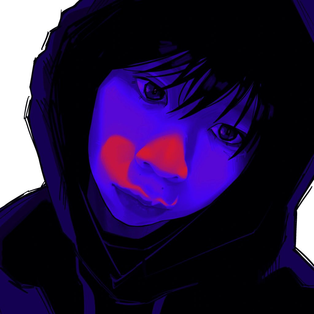 A stylized digital portrait with blue and red lighting effects.