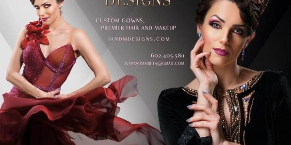Elegant models showcasing custom gowns and makeup by IVANND Designs.