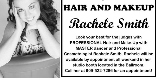 Advertisement for hair and makeup services by Rachele Smith, a professional cosmetologist and dancer.