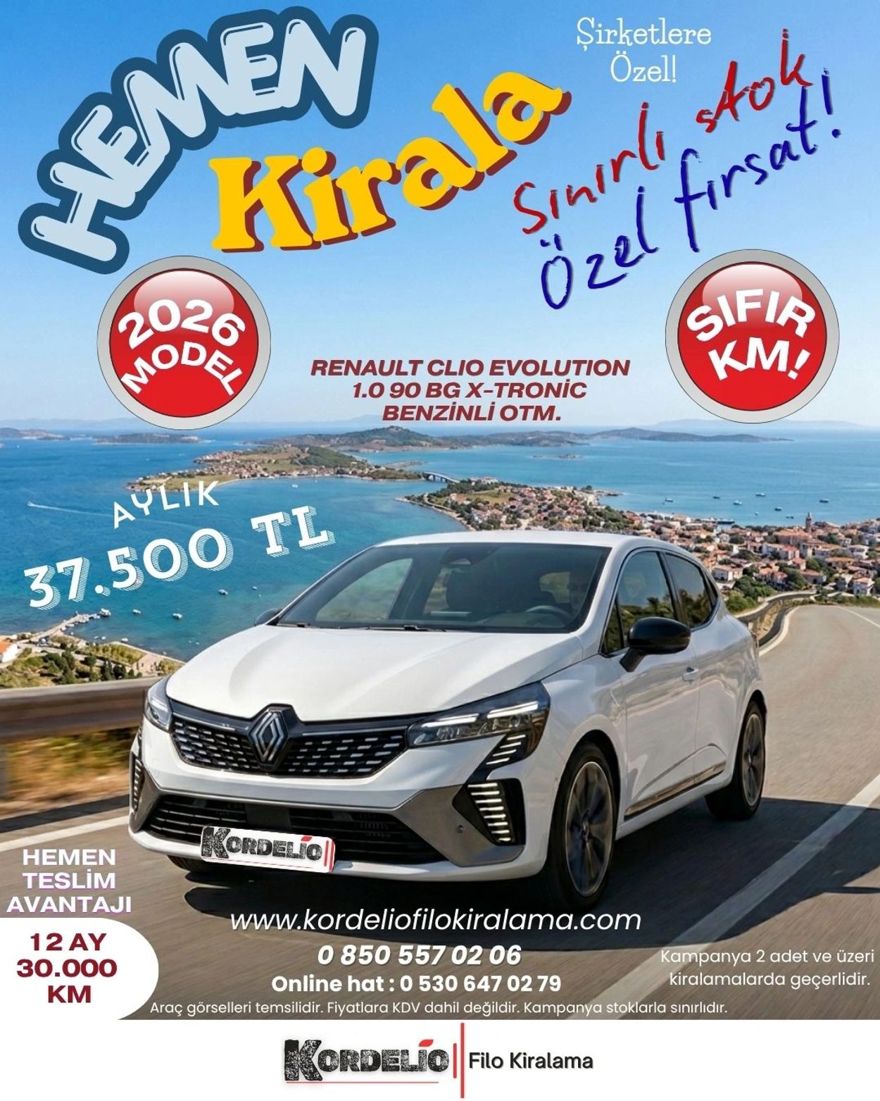 2026 model Renault Clio Evolution for rent, zero kilometers, monthly 37,500 TL.