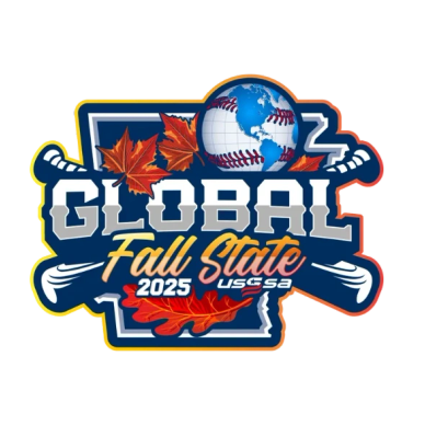 Logo for the 2025 Global Fall State USSSA baseball event with autumn leaves and a globe.
