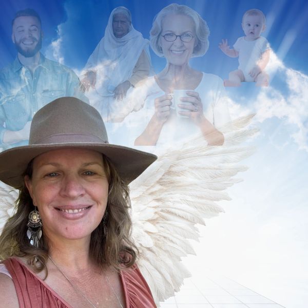 Woman with angel wings smiling, surrounded by ghostly images of diverse people in the clouds.