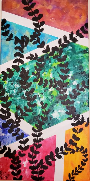 Abstract acrylic vine of leaves traveling through patterned shapes. 