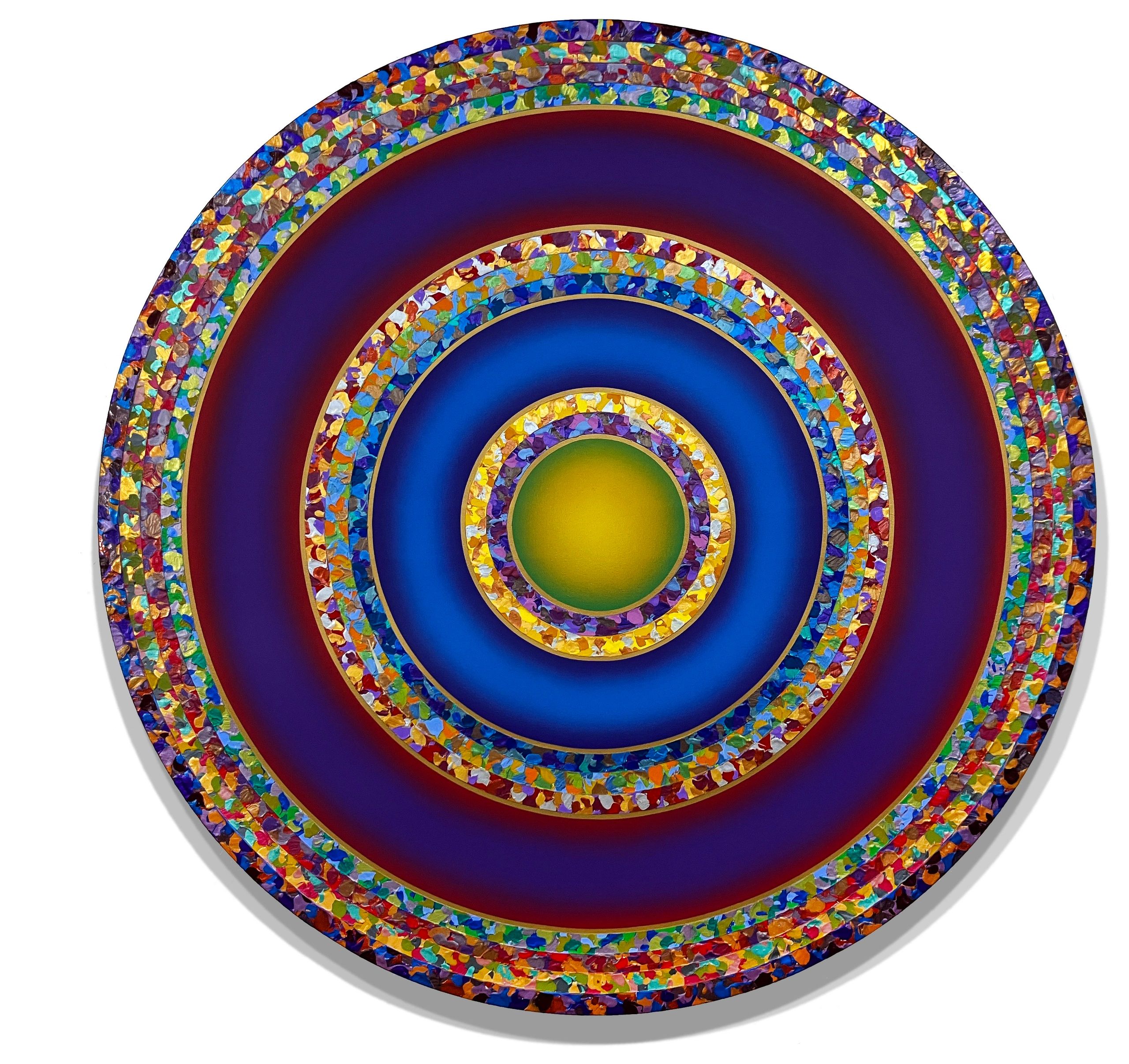 Jack Reilly, "Overt Concentricity" 48x48 inches, acrylic on circular shaped canvas, ©2026