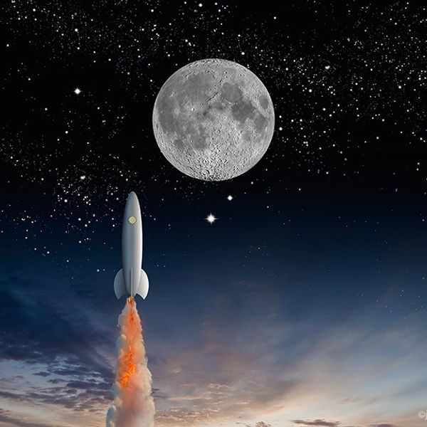 A rocket launches towards a full moon in a starry sky.