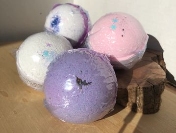 Bath Bombs:  Lavender (at the front), Snow Fairy (left), Kiss Me All Over (Right), & Sexy Bomb. 
