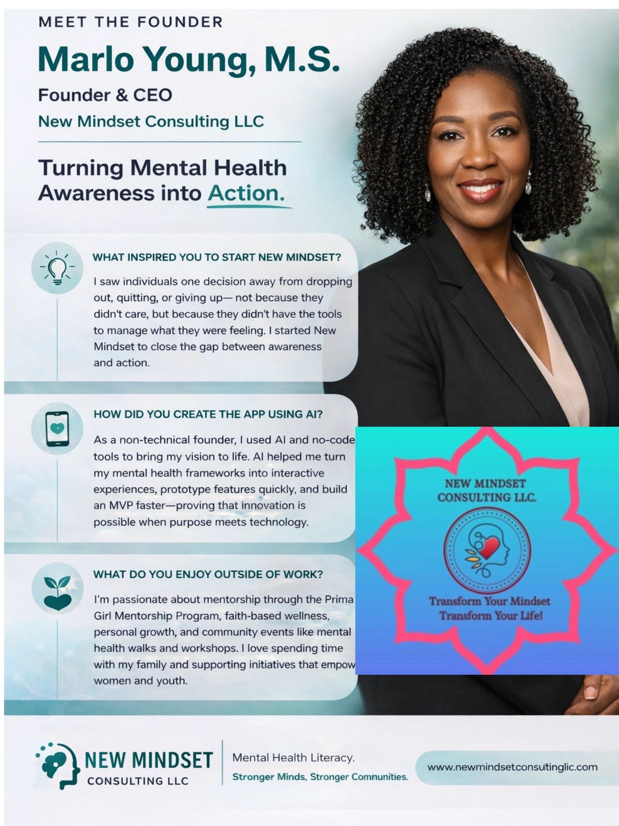 Meet Marlo Young, founder of New Mindset Consulting, promoting mental health awareness and innovation.