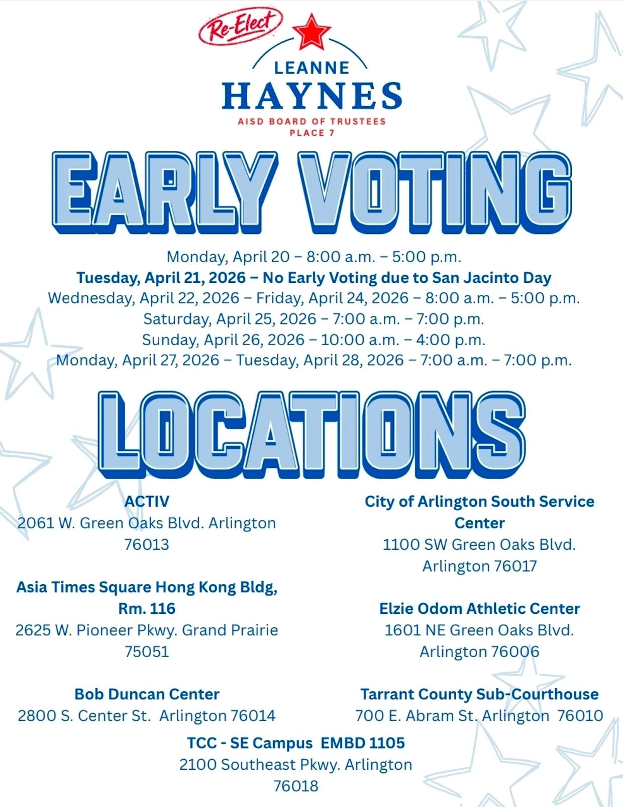 Early voting locations and dates for Leanne Haynes' re-election campaign in Arlington.