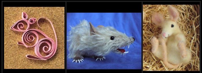 Quilled, sewn and needle felted rats by Karen Waschinski