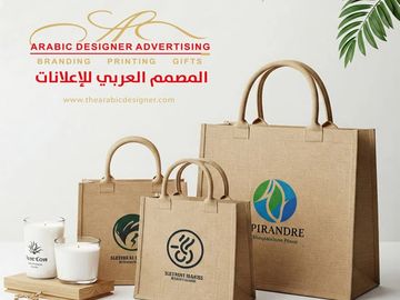طباعة أكياس جوت  المصمم العربي للإعلانات. Jute bags PRINTING corporate Arabic Designer Advertising 
