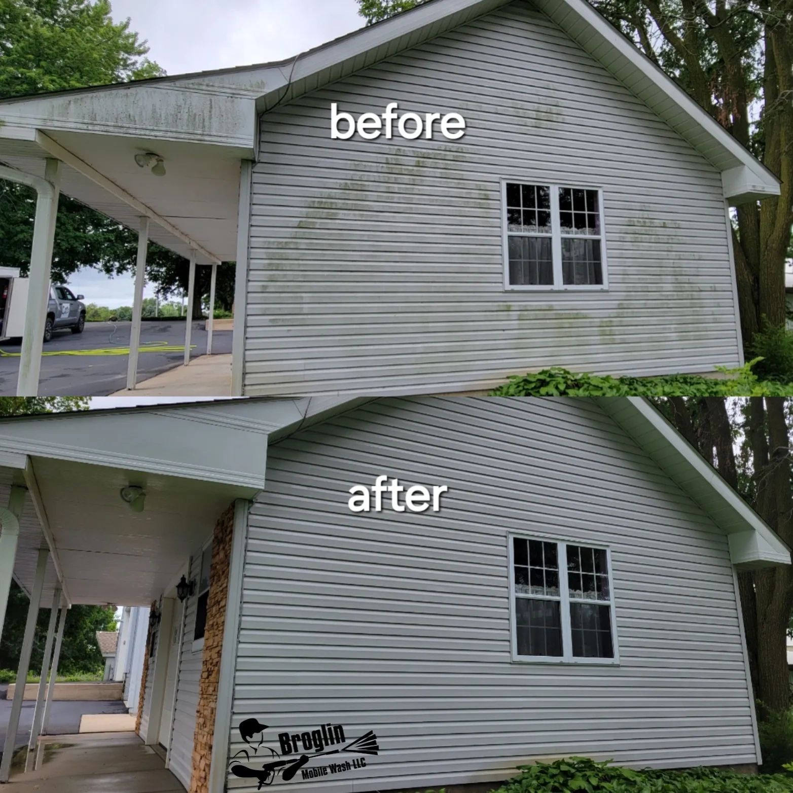 A before and after of a professional house wash in Marengo, Illinois