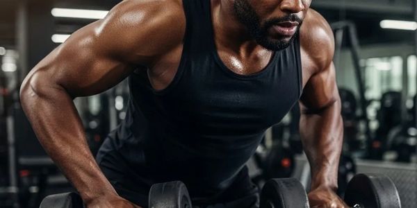 Man lifting dumbbells in gym, focused workout session.