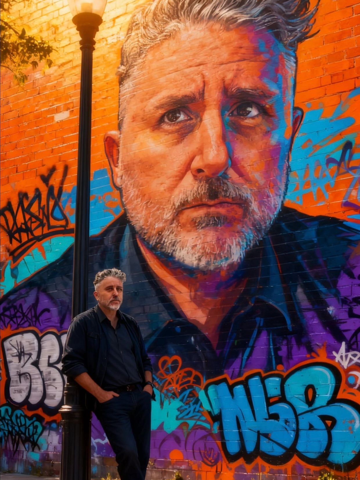 Man leaning on a streetlamp in front of a vibrant mural of his face.