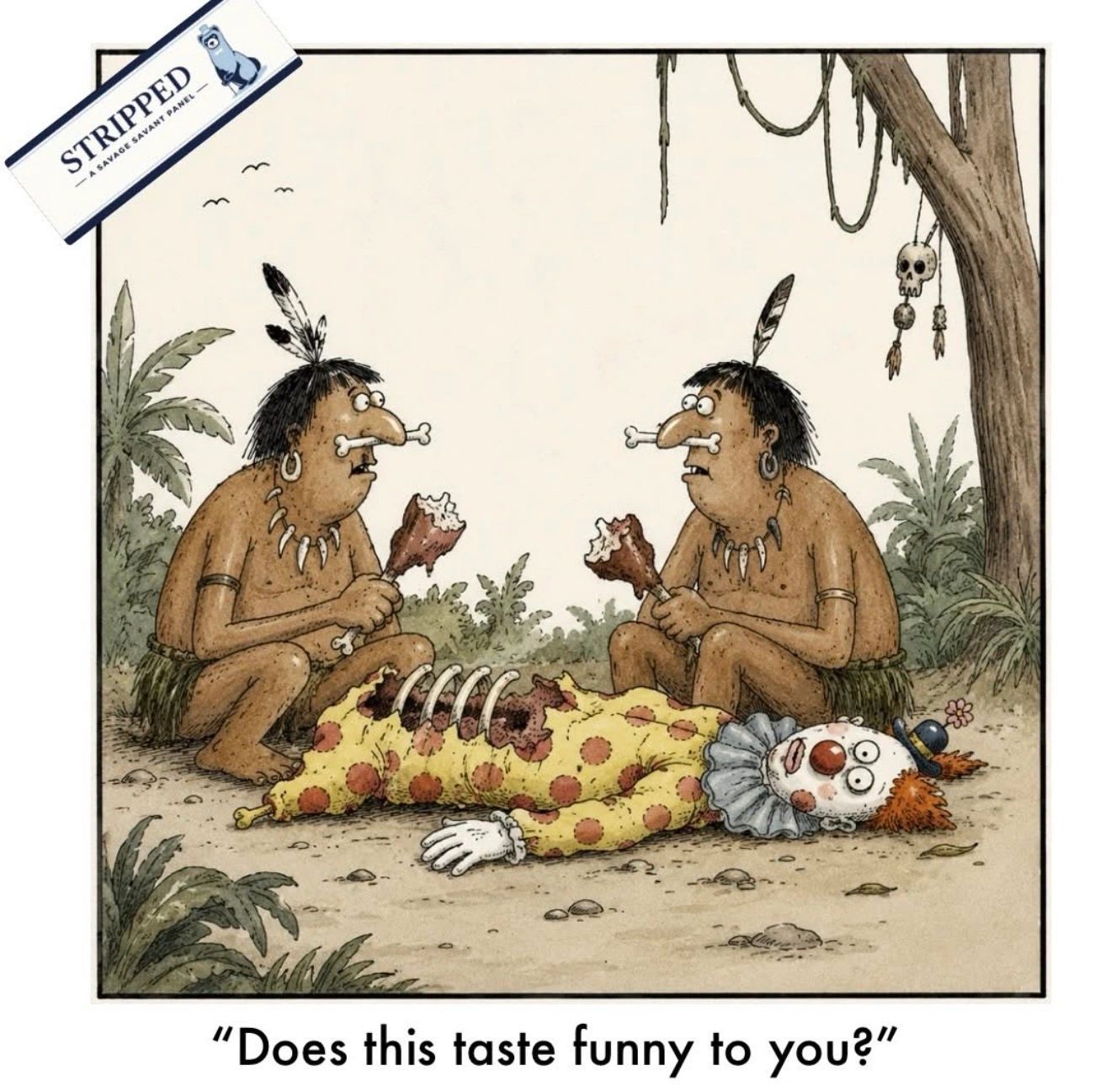 Two cavemen eating a clown, questioning its taste.