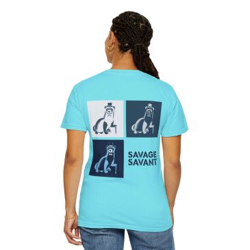 Woman wearing blue T-shirt with graphic and text on the back.