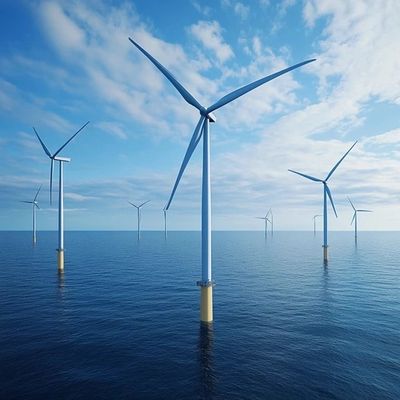 UK Offshore Windfarm turbines on a calm bright sunny day.