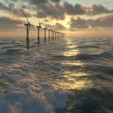 Photo of UK Offshore Windfarm at dusk.