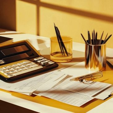 A desk with a calculator, pens and paper on it.