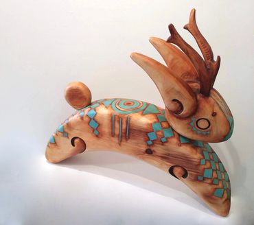 Cristina Sanchez sculpture, Happy Jackalope - Wood - Sold