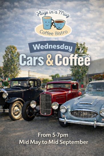 Vintage cars parked at a Cars &amp; Coffee event hosted by Hugs in a Mug Coffee Bistro.