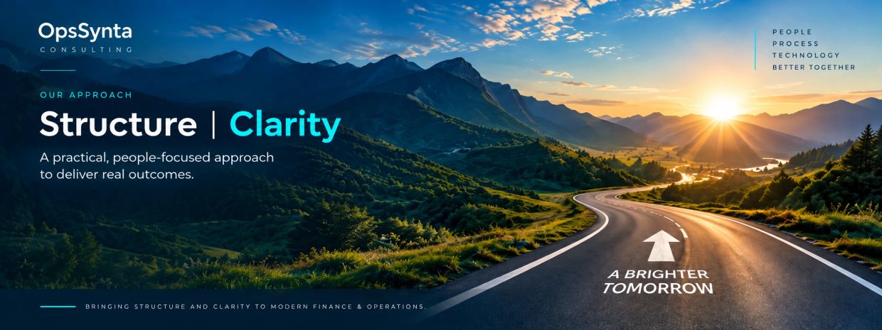 Sunset mountain road with consulting message about structure and clarity.