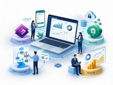Illustration of Microsoft Power Platform tools with users interacting.