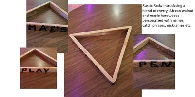 Handmade pool rack using Maple, Cherry and African Walnut hardwoods.