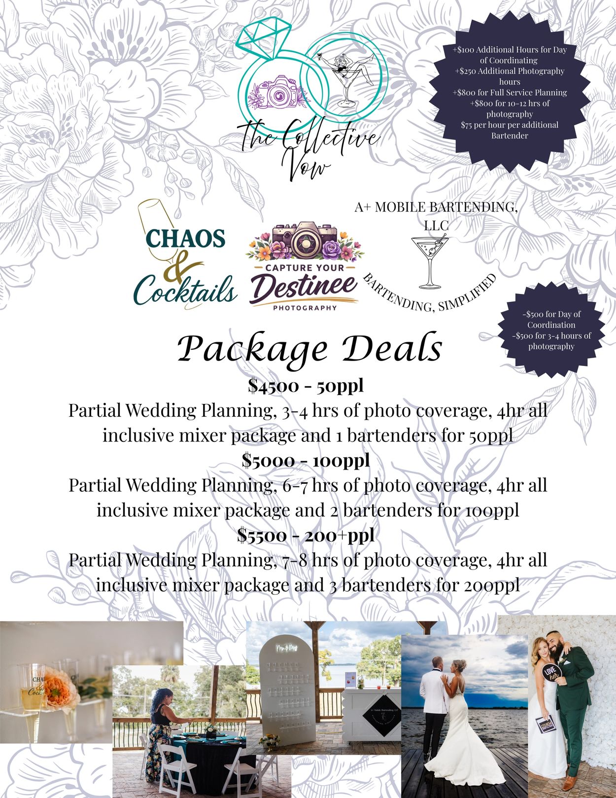 Wedding package deals offering photo coverage, bartenders, and planning for groups of 50 to 200+ people.