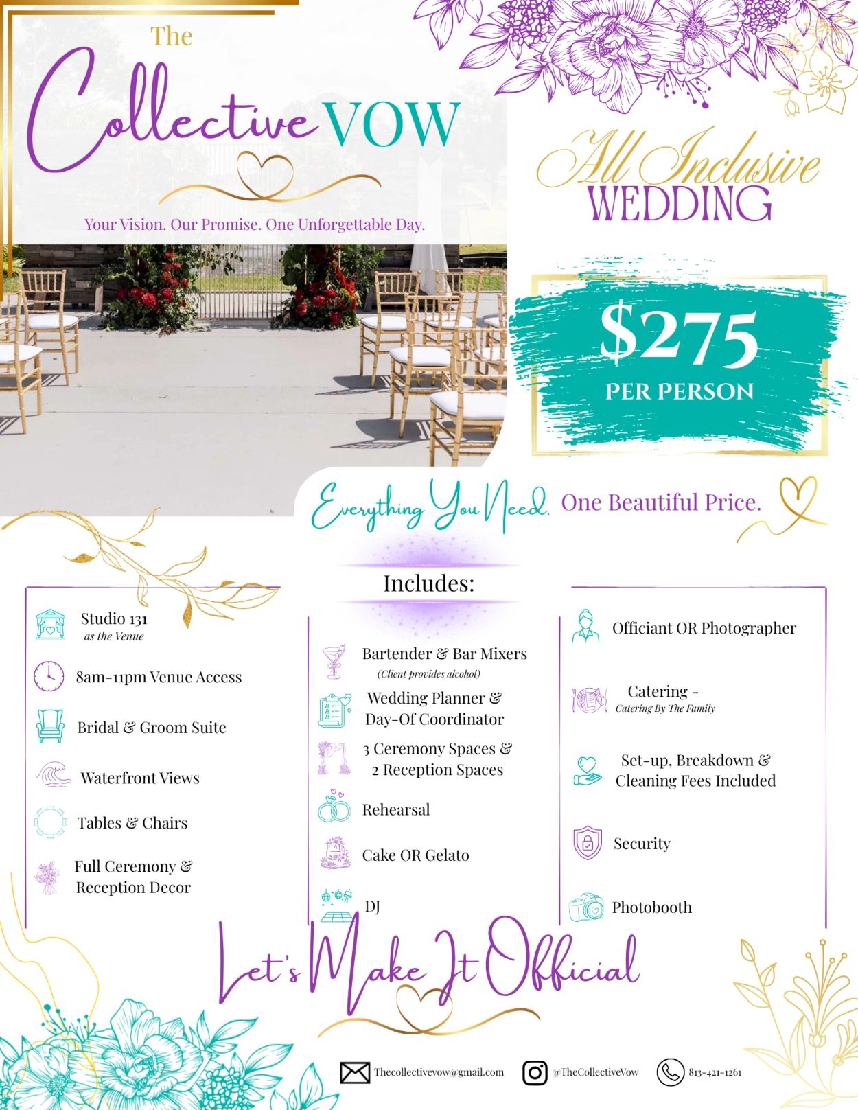 Wedding package offer with venue, planning, and amenities for $275 per person.