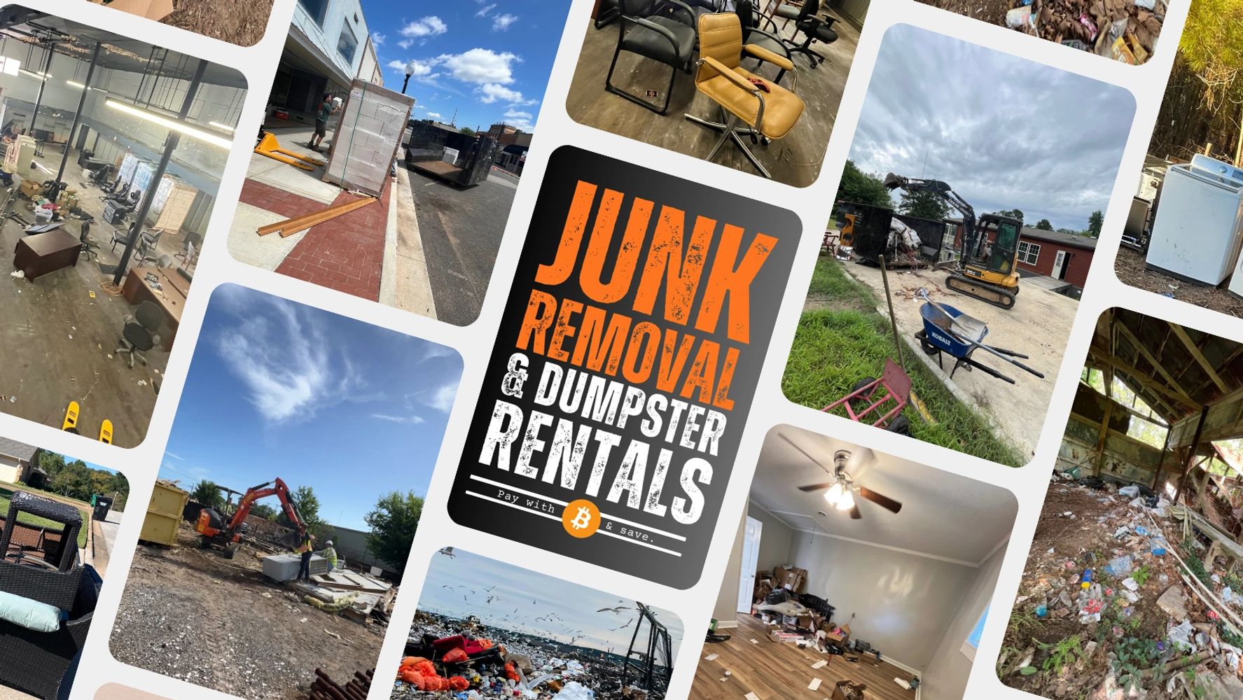 Collage of junk removal, demolition and dumpster rental pictures