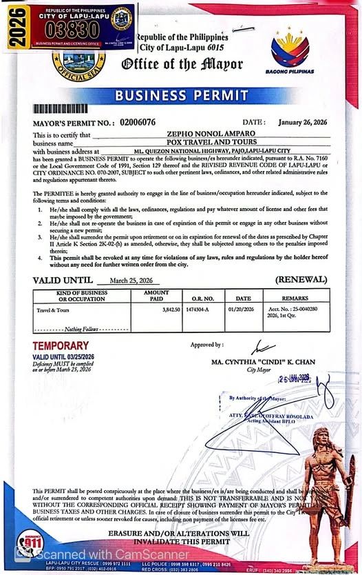 Business permit for POX Travel and Tours in Lapu-Lapu City valid until March 25, 2026.