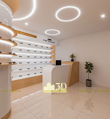 Interior view of a hospital with professional lighting presented as a 3D render, of optical showroom