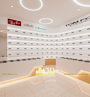 Interior view of a hospital with professional lighting presented as a 3D render, of optical showroom