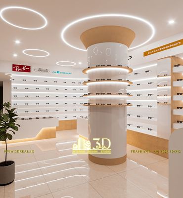 Interior view of a hospital with professional lighting presented as a 3D render, of optical showroom