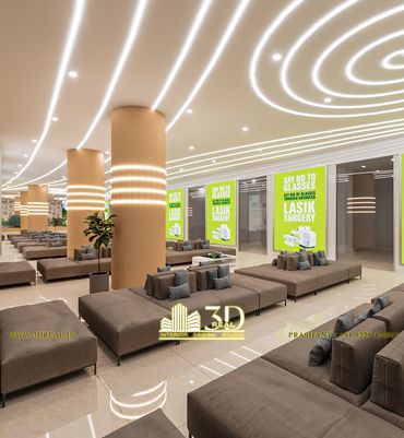 3D rendering of a modern hospital waiting area with comfortable seating and natural lighting